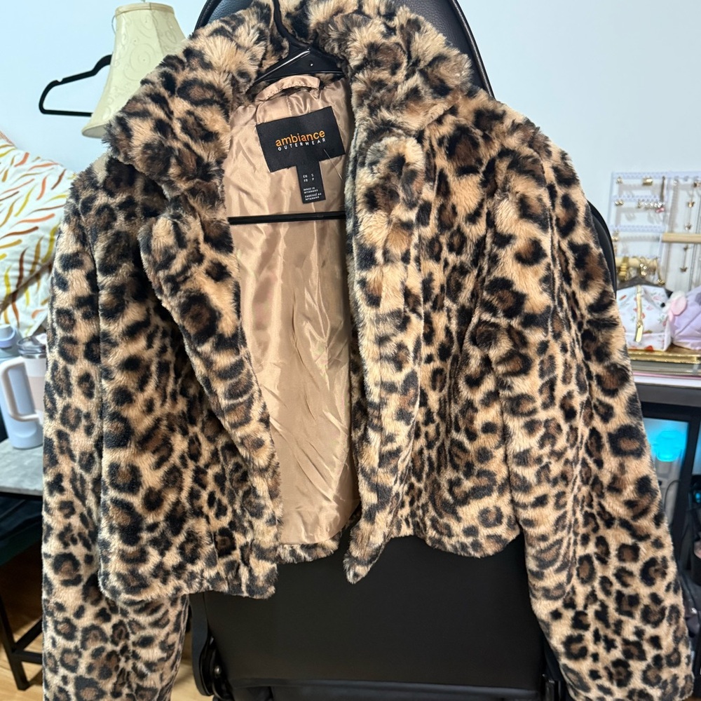 Ambiance Leopard Faux Fur Teddy Jacket in Tan and Black